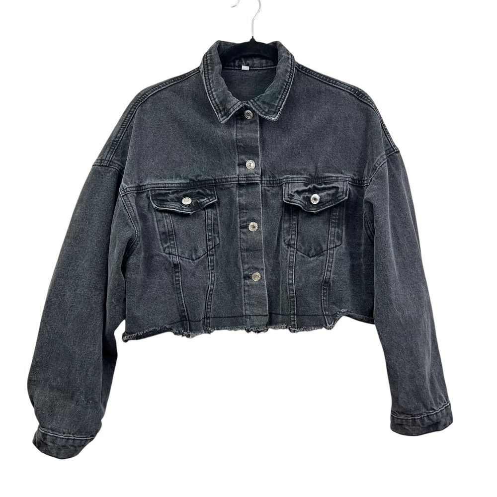 SF CAI Jeans Strauss & AO Women Cropped Denim Jacket Y2K Raw Hem Black Sz L*